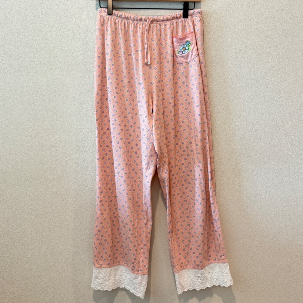 MARY ENGELBREIT Women Pajama Pants Large Vintage Floral Lace Trim Cottagecore